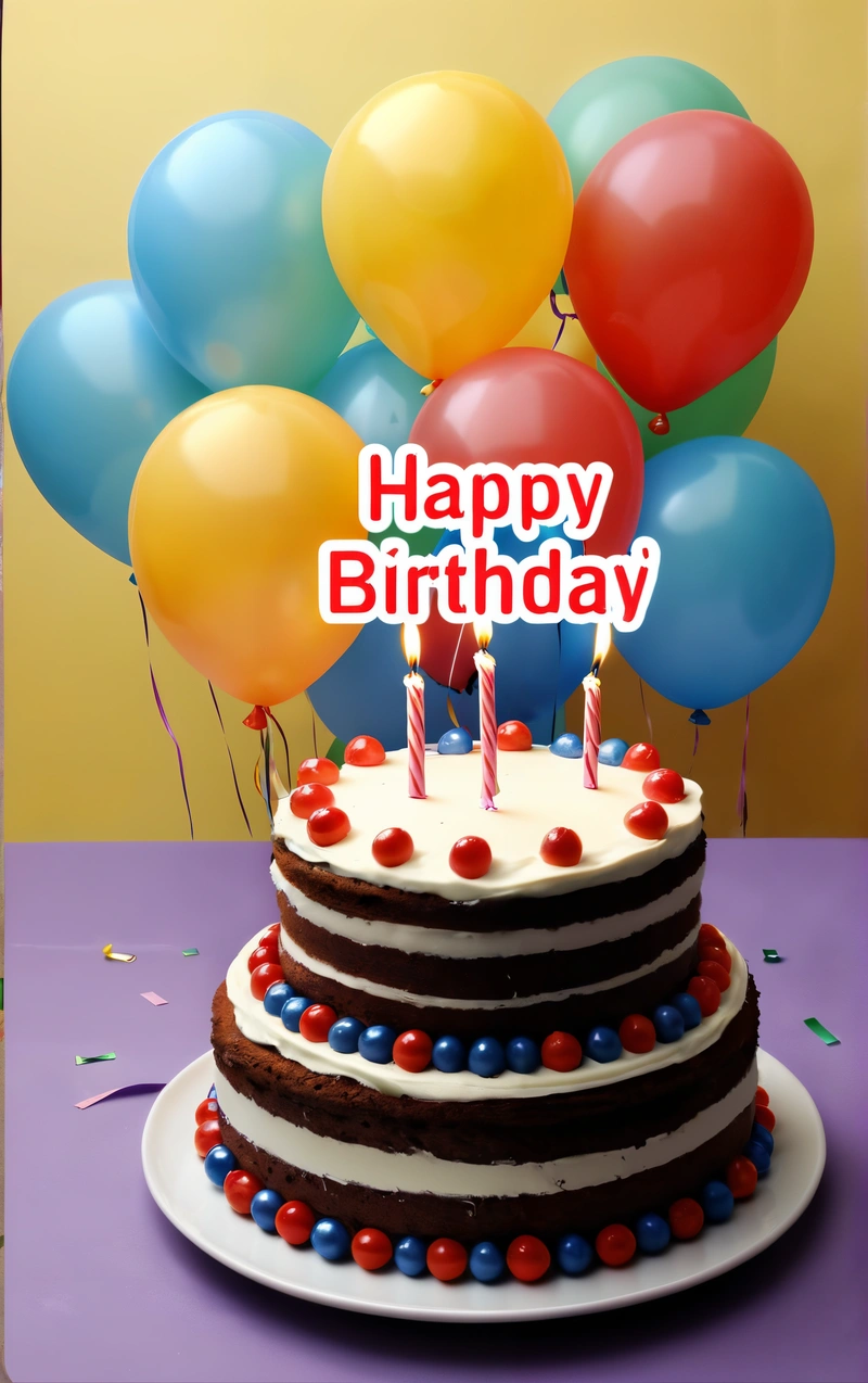 A Birthday cake with balloons and a happy Birthday card on it's topper, on a purple table with a purple background, yellow, red, blue, and green, and white backdrop, plain background, a pastel, net art
