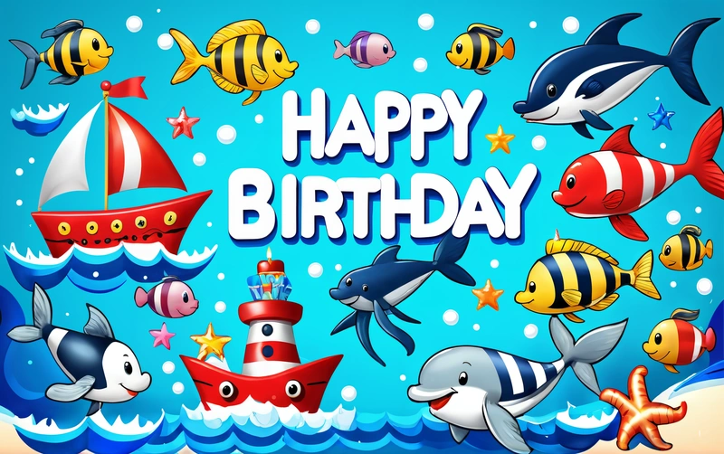A Birthday card with a bunch of different types of animals on it and a boat in the water with a happy Birthday message below it, plain background, computer graphics, naive art