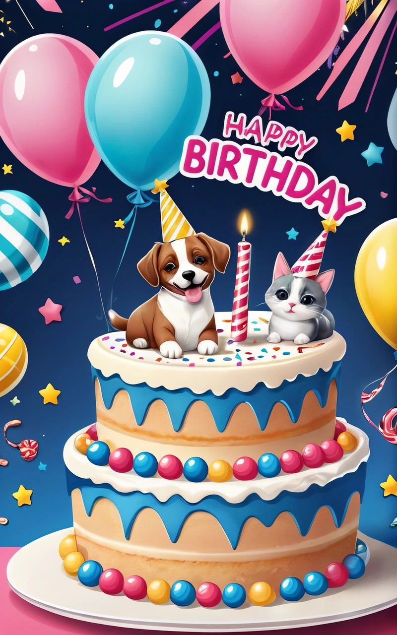 A dog and cat are sitting on a Birthday cake with balloons and streamers around it, and a Birthday candle is lit up in the middle of the cake, happy, a pastel, naive art