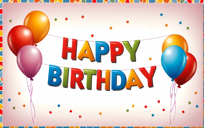 A Birthday card with balloons and streamers on a white background with a happy Birthday message in the center of the card is a banner, plain background, a pastel, international typographic style