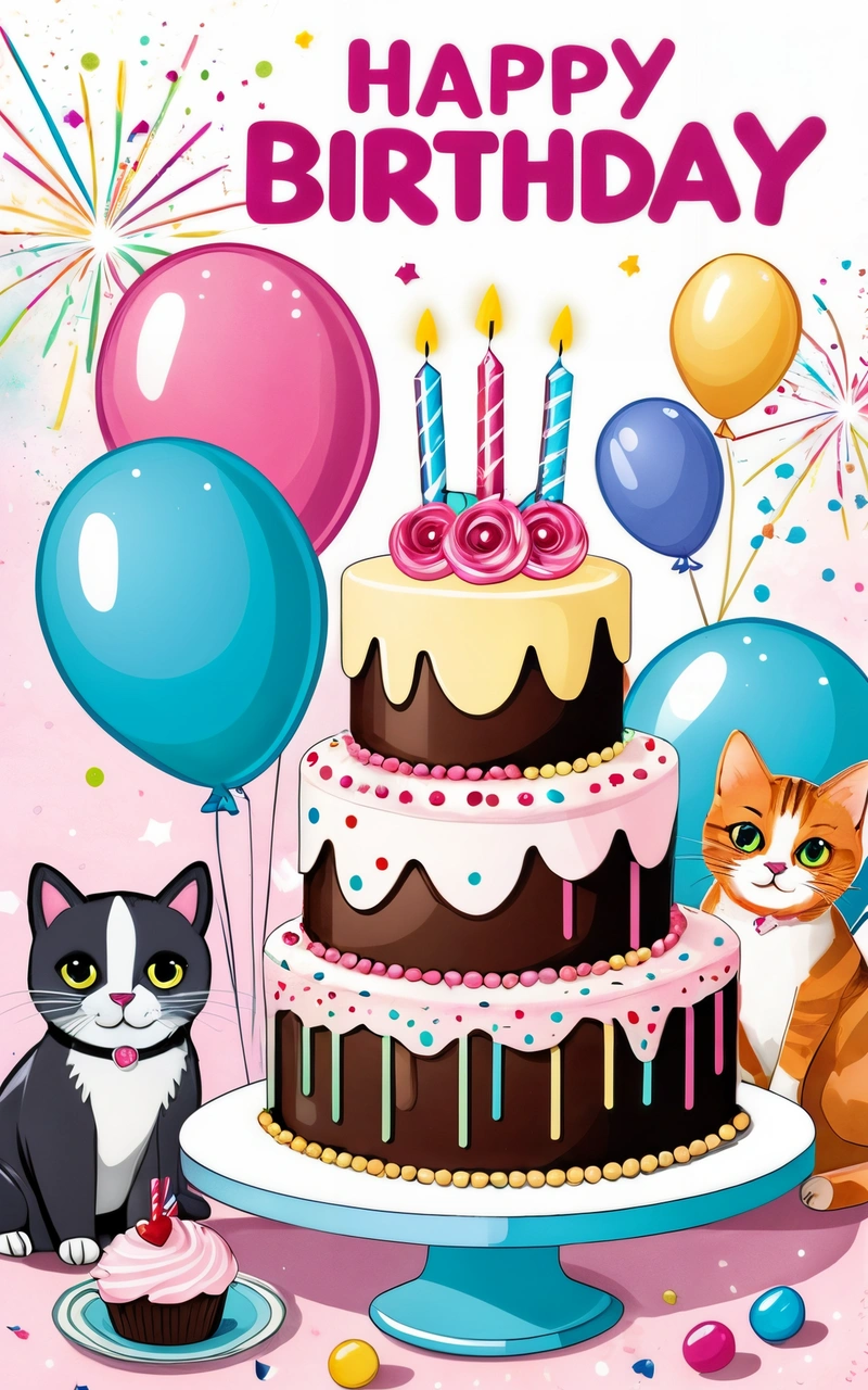 A Birthday card with a cat and a cake with candles and balloons on it and a cat sitting next to it, with a cat and a Birthday cake with balloons, happy, a pastel, naive art