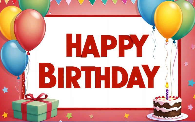 A Birthday card with balloons and a cake with a gift box and a sign that says happy Birthday on it with a red background and white, plain background, a pastel, international typographic style
