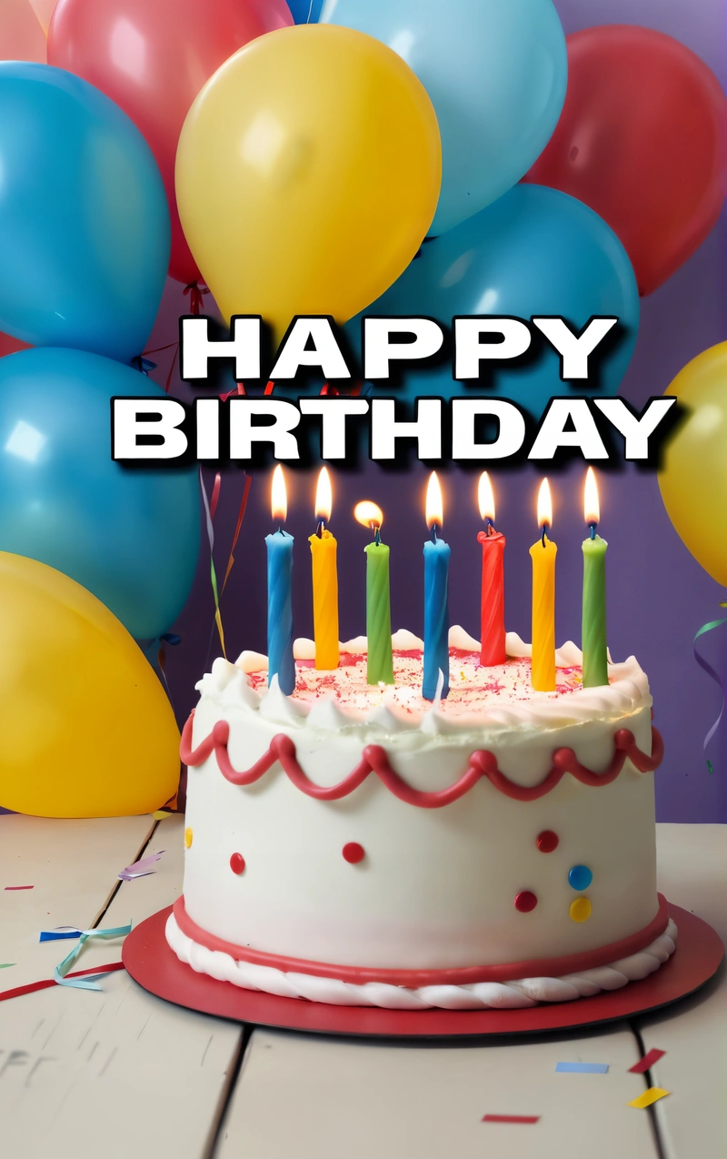 A Birthday cake with candles and balloons in the background with a happy Birthday message on it that reads, happy Birthday, with a bunch of balloons, plain background, a pastel, international typographic style