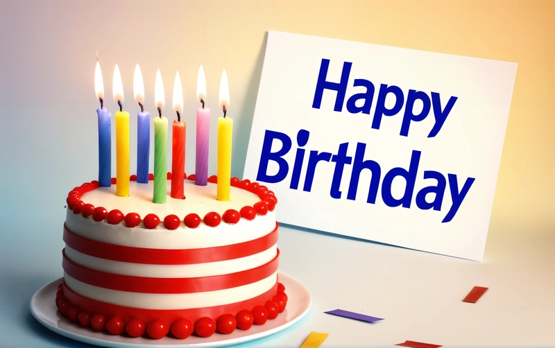 A Birthday cake with candles on it and a sign with the words happy Birthday on it next to it and confetti scattered around it, post processed, a pastel, international typographic style
