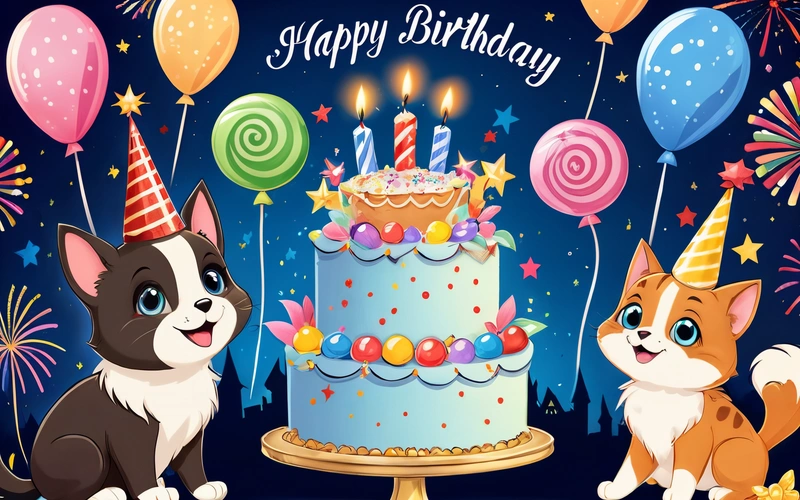 A Birthday card with two cats and a cake with candles and balloons on a blue background with stars and confetti and stars and a candle, plain background, a pastel, naive art