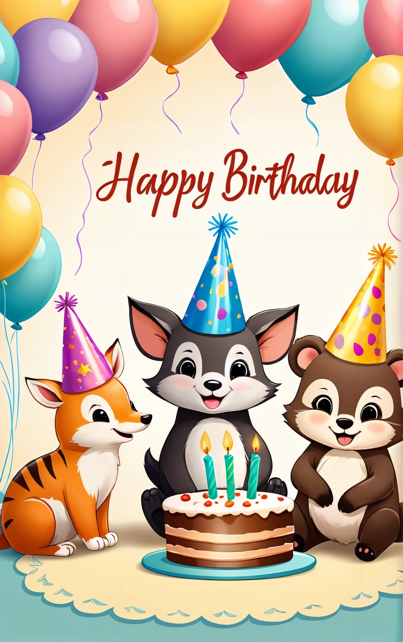 A Birthday card with a fox, raccoon and a fox cub sitting in front of a cake with candles on it and balloons, happy, a storybook illustration, furry art
