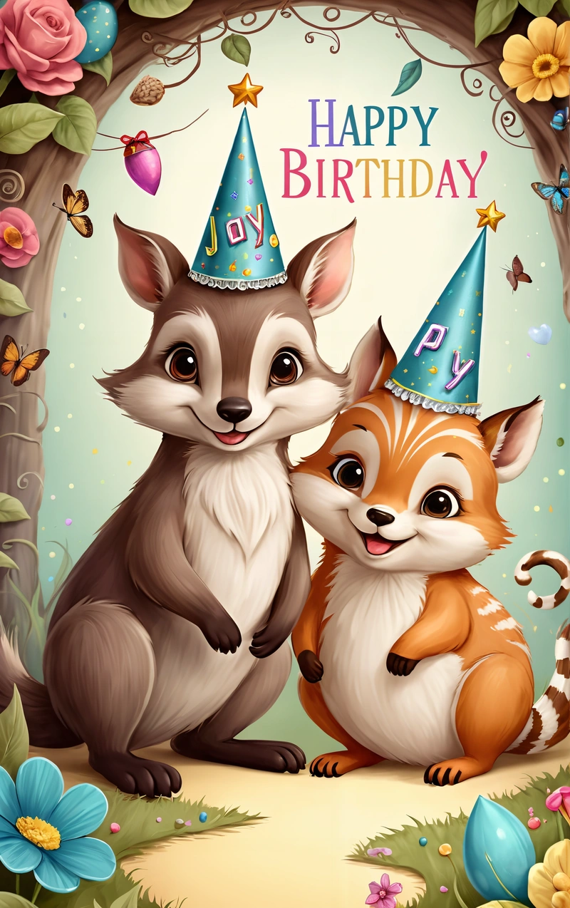 A happy Birthday card with two cute foxes and a fox in a forest with flowers and butterflies on a blue background with a happy Birthday message, behance hd, a storybook illustration, furry art