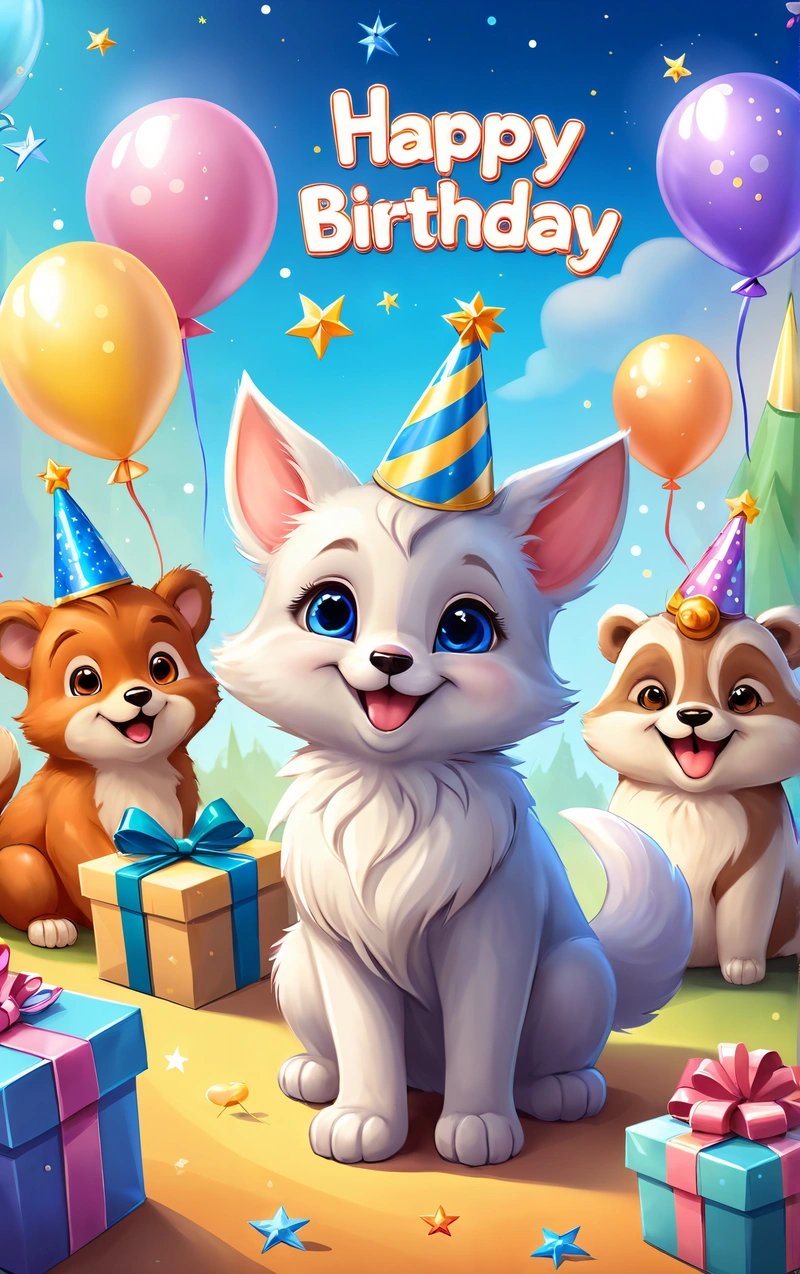 A happy Birthday card with a dog and two raccoons with gifts and balloons in the background and a sky with stars and clouds, key art, a screenshot, furry art