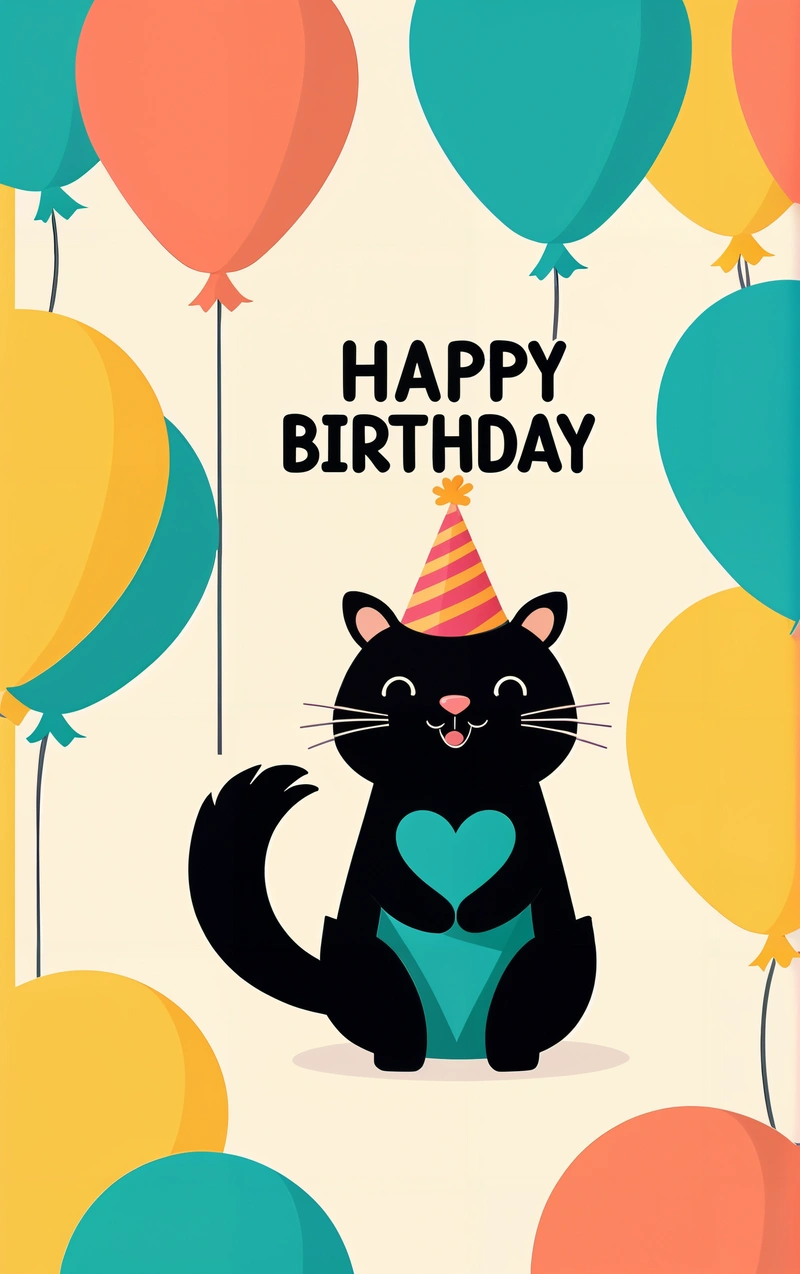 A Birthday card with a cat and balloons on it, and a happy Birthday message in the middle of the card reads, happy Birthday, black background, a pastel, furry art