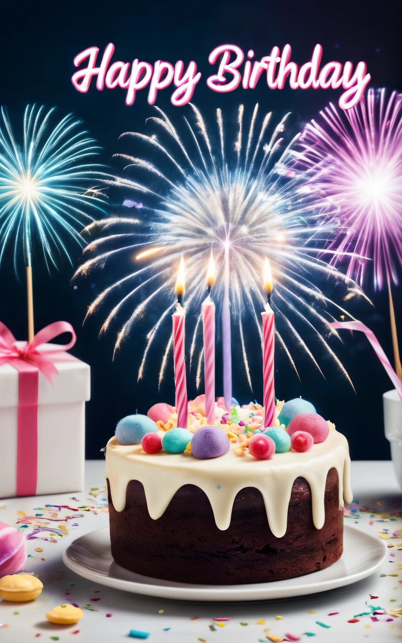 A Birthday cake with candles and decorations on a table with confetti and confetti sticks and a gift box with a happy Birthday written on it, 4k uhd image, a pastel, dau-al-set
