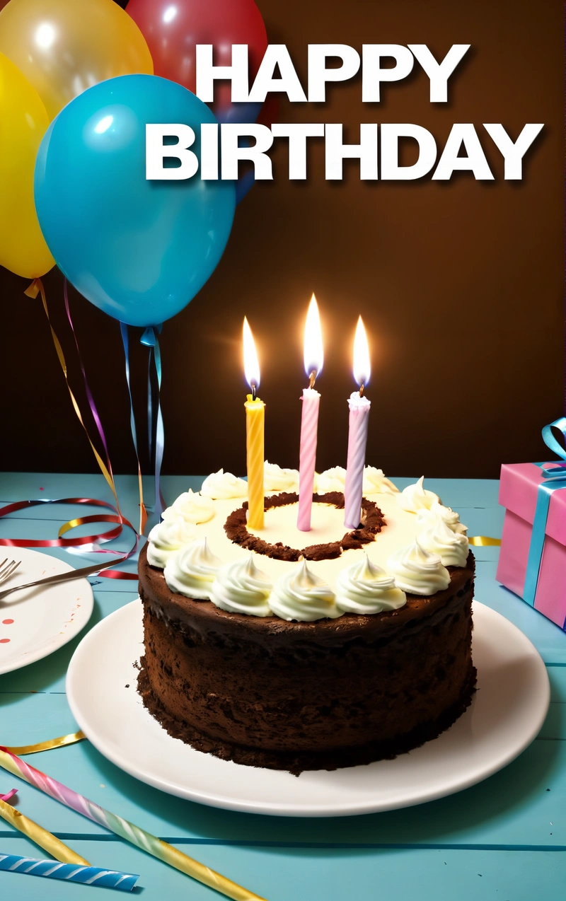 A Birthday cake with candles and balloons on a table with a happy Birthday message on it and a gift box in the background with a blue ribbon, promotional image, a pastel, american barbizon school