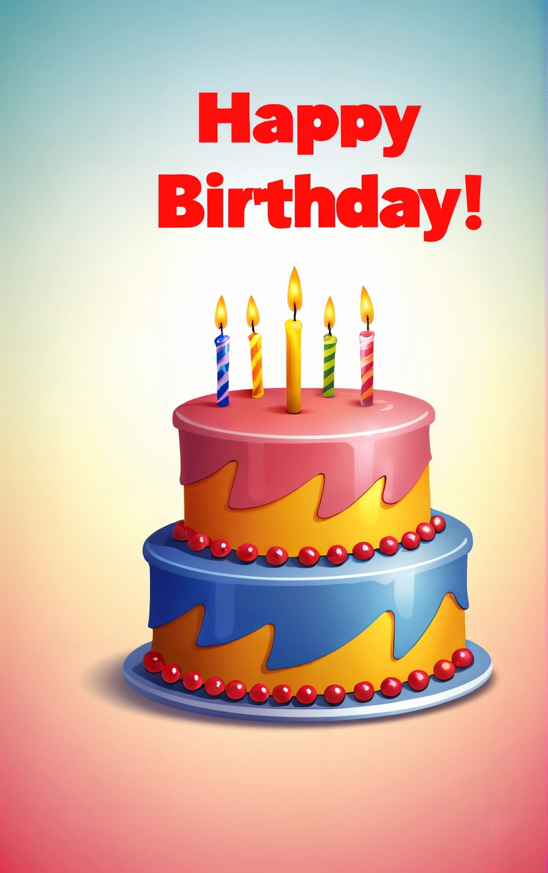 A Birthday cake with candles on it with a happy Birthday message on it's side and a blue and red background with a red border, promotional image, a screenshot, net art