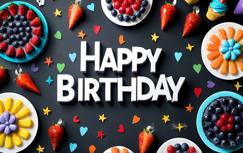 A Birthday card with a variety of cakes and fruit on it, with the words happy Birthday written in white letters on a black background, dark background, a pastel, international typographic style