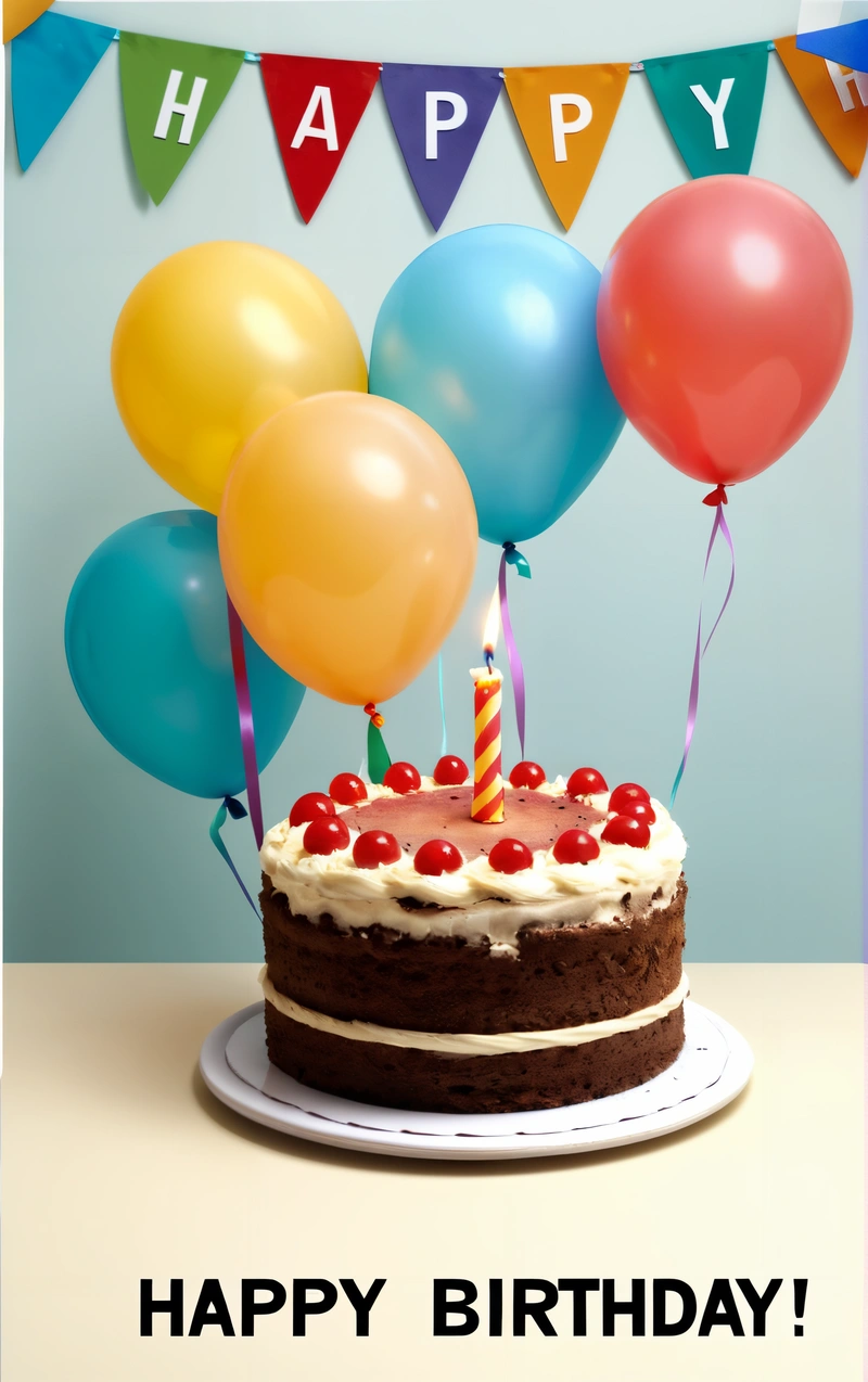 A Birthday cake with balloons and a banner with the words happy Birthday on it and a banner with the words happy Birthday on it and a cake with, food photography, a pastel, naive art