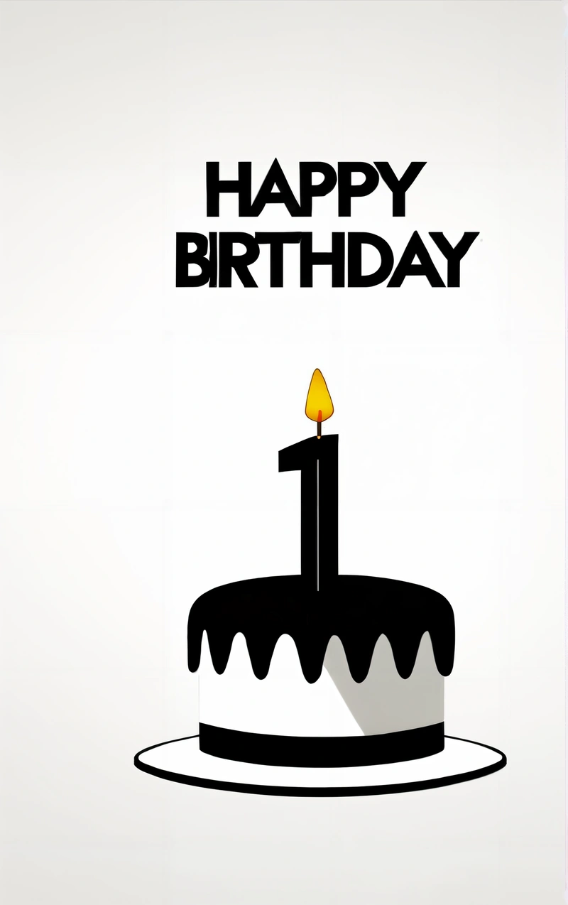 A Birthday card with a cake with a candle on it and the number one on it's side, in black and white, with a shadow, black background, a pastel, international typographic style