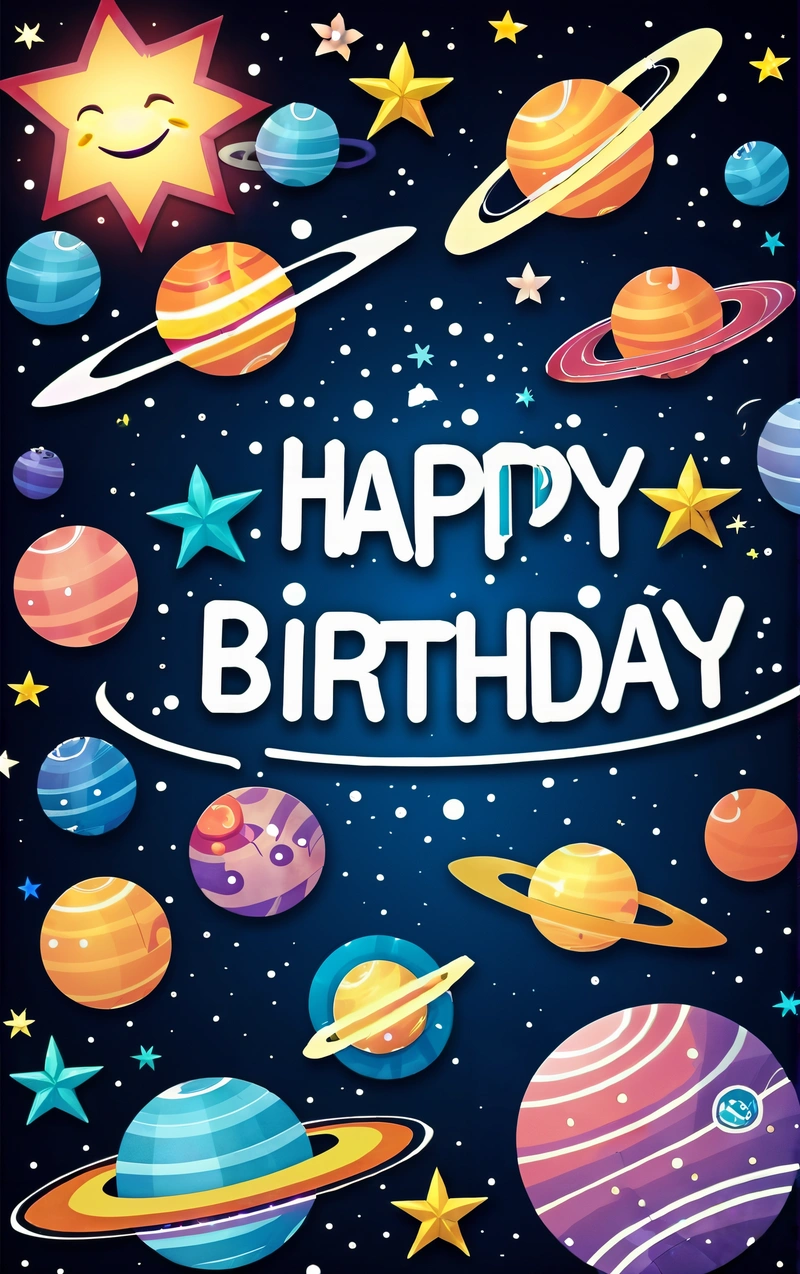 A Birthday card with a space theme and a happy Birthday message in the middle of it with stars, planets, and a sun in the middle of the middle, space, vector art, space art
