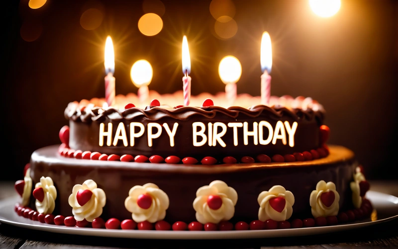 A Birthday cake with lit candles on it on a table with lights in the background and a black background with a white and red cake, happy, a pastel, international typographic style