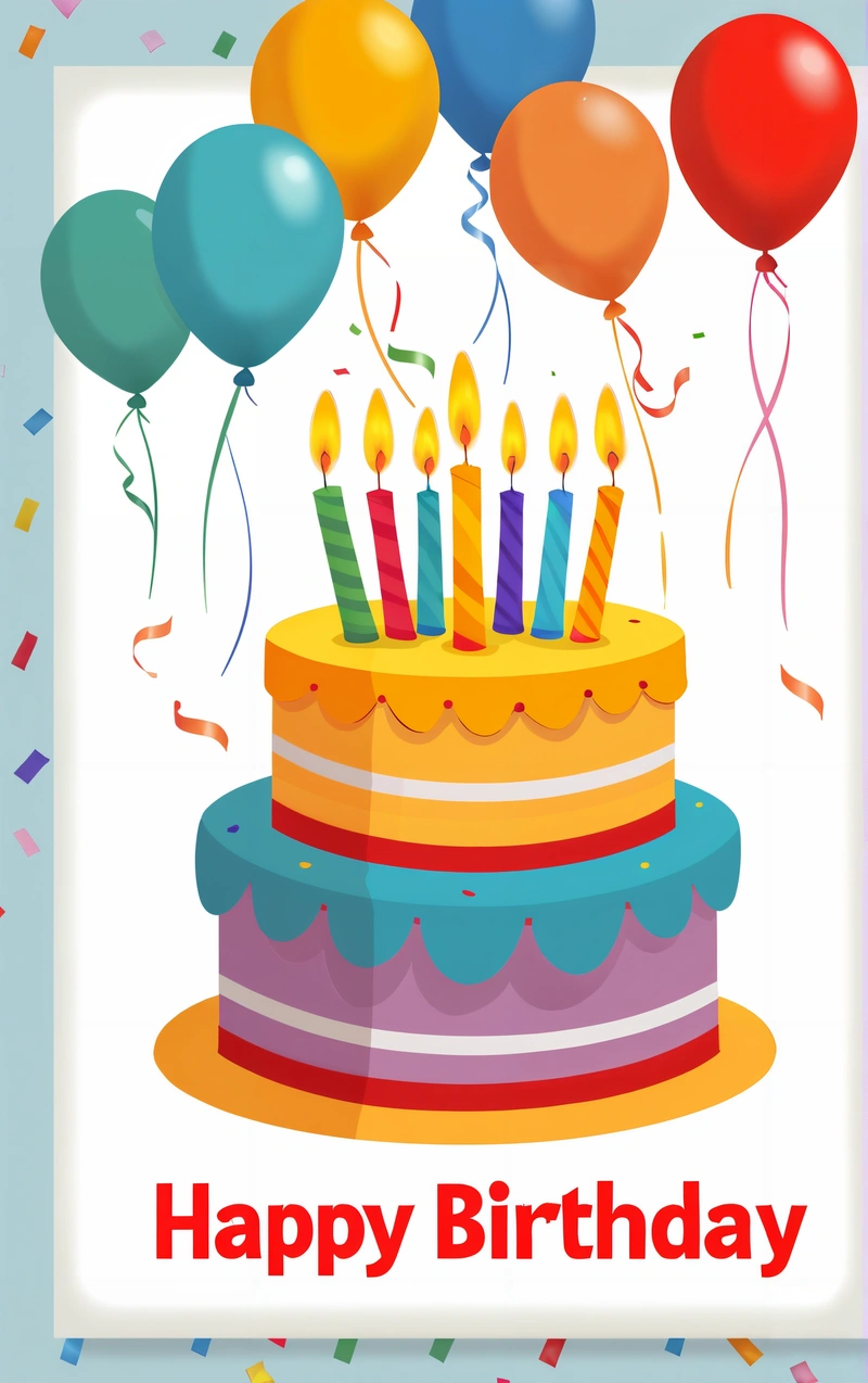 A Birthday card with a cake and balloons on it with the words happy Birthday written in the middle of the card and the words happy Birthday written in the middle, behance hd, a pastel, american barbizon school