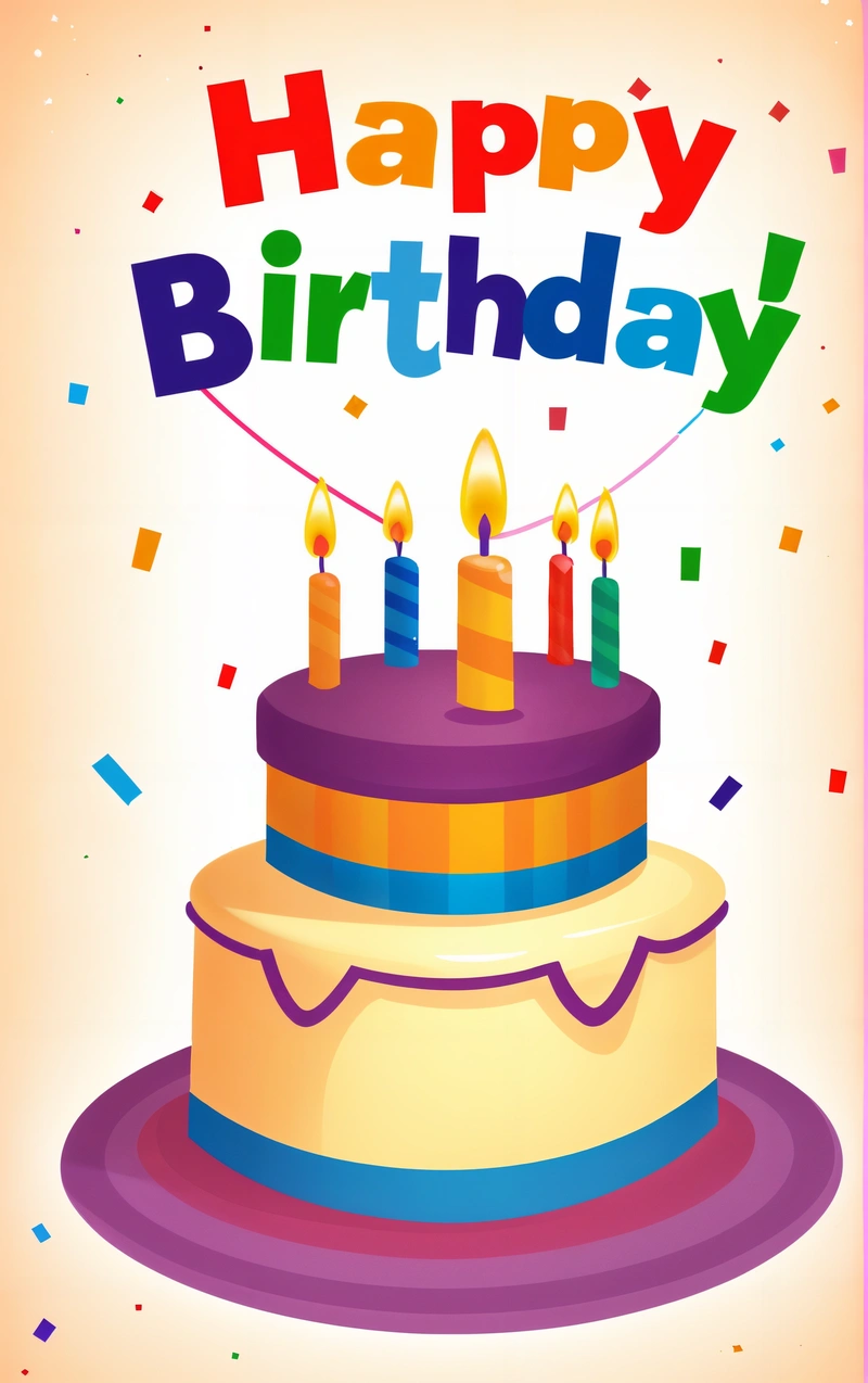 A Birthday cake with candles and confetti on it with the words happy Birthday written on it and a streamer of confetti, plain background, a pastel, american barbizon school