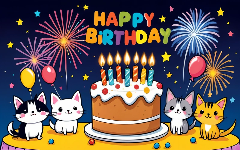 A Birthday cake with candles and cats on a table with balloons and stars in the background with a happy Birthday message written in the middle, happy, a pastel, naive art