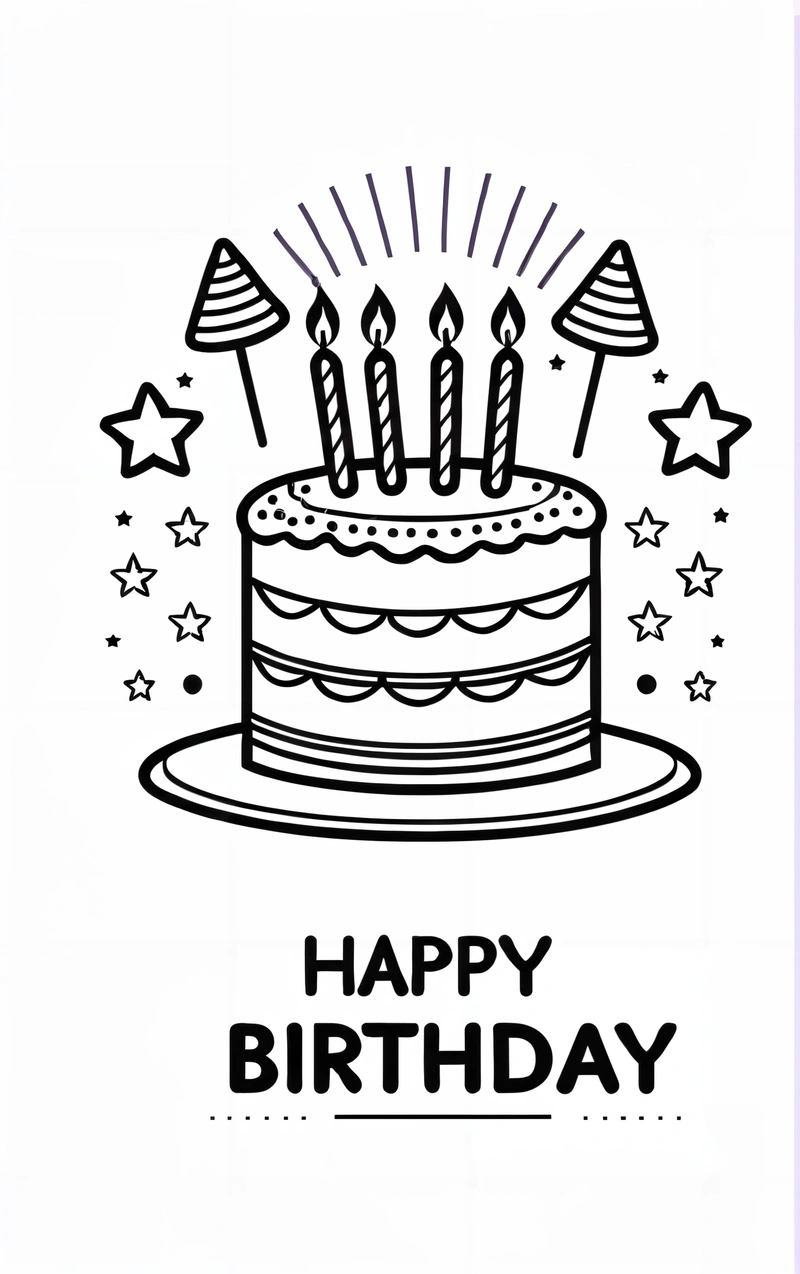 A Birthday cake with candles and stars on it with the words happy Birthday written in black ink on a white background with a purple border, plain background, a pastel, computer art