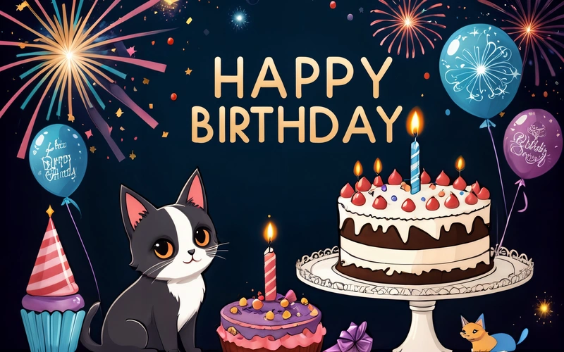 A Birthday card with a cat and a cake with candles and balloons on it and a cat sitting next to it, with a cat and a cat sitting next to a cake with a Birthday hat, happy, a pastel, net art