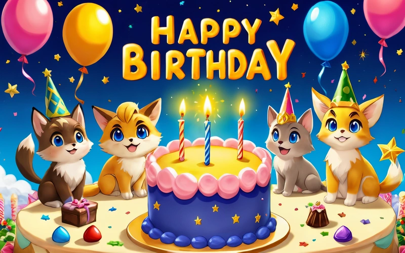 A Birthday card with three cats and a cake with candles and balloons on a table with a blue sky and stars background and a blue sky with stars, happy, a pastel, furry art