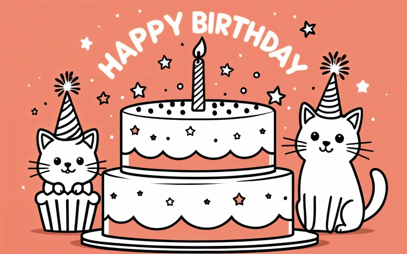 A Birthday cake with two cats sitting on it and a candle on top of it with stars and a happy Birthday message in the background, plain background, a pastel, ascii art