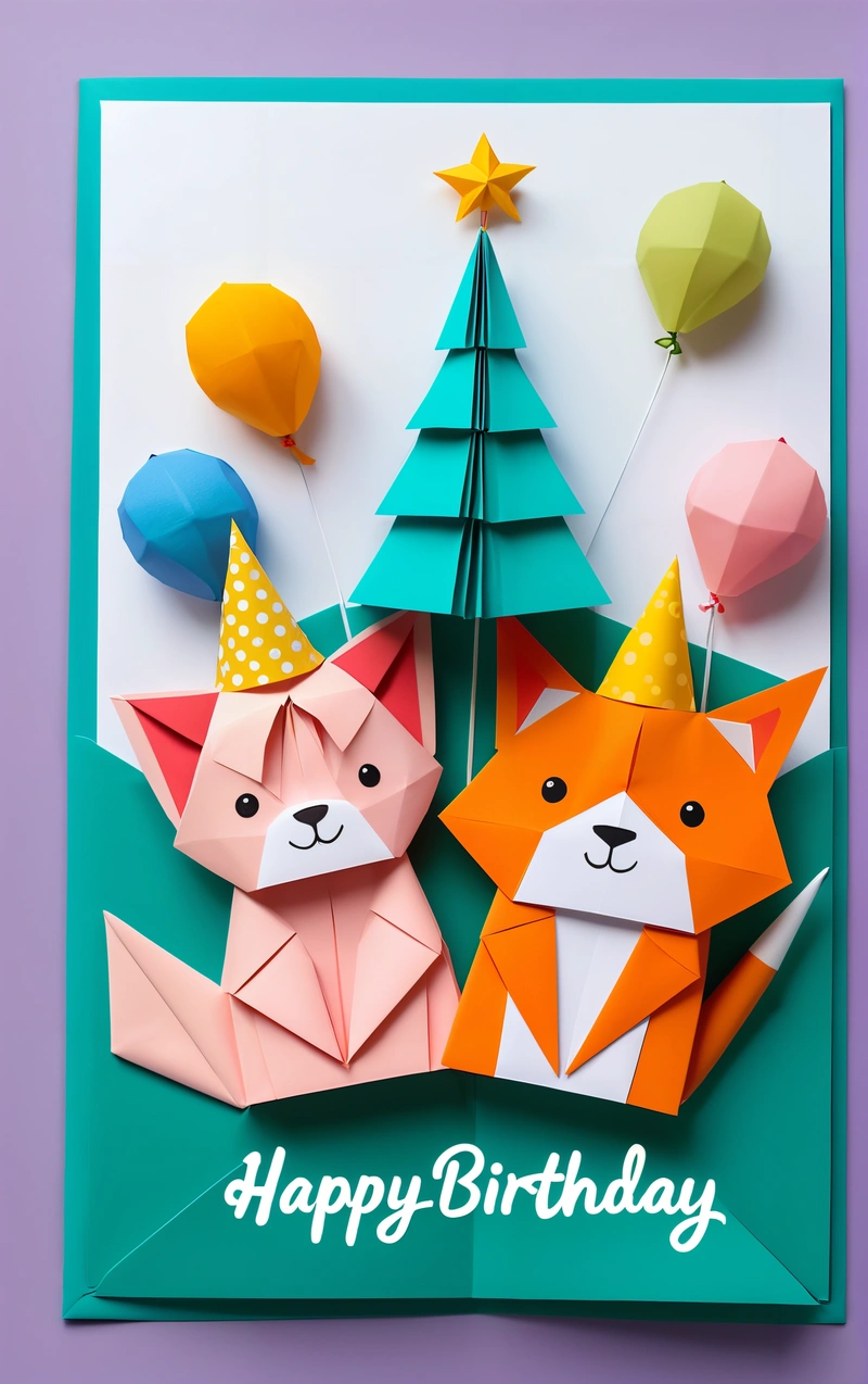 A card with two origami animals and a tree on it, with the words happy Birthday written on it, and a balloon, behance hd, poster art, furry art