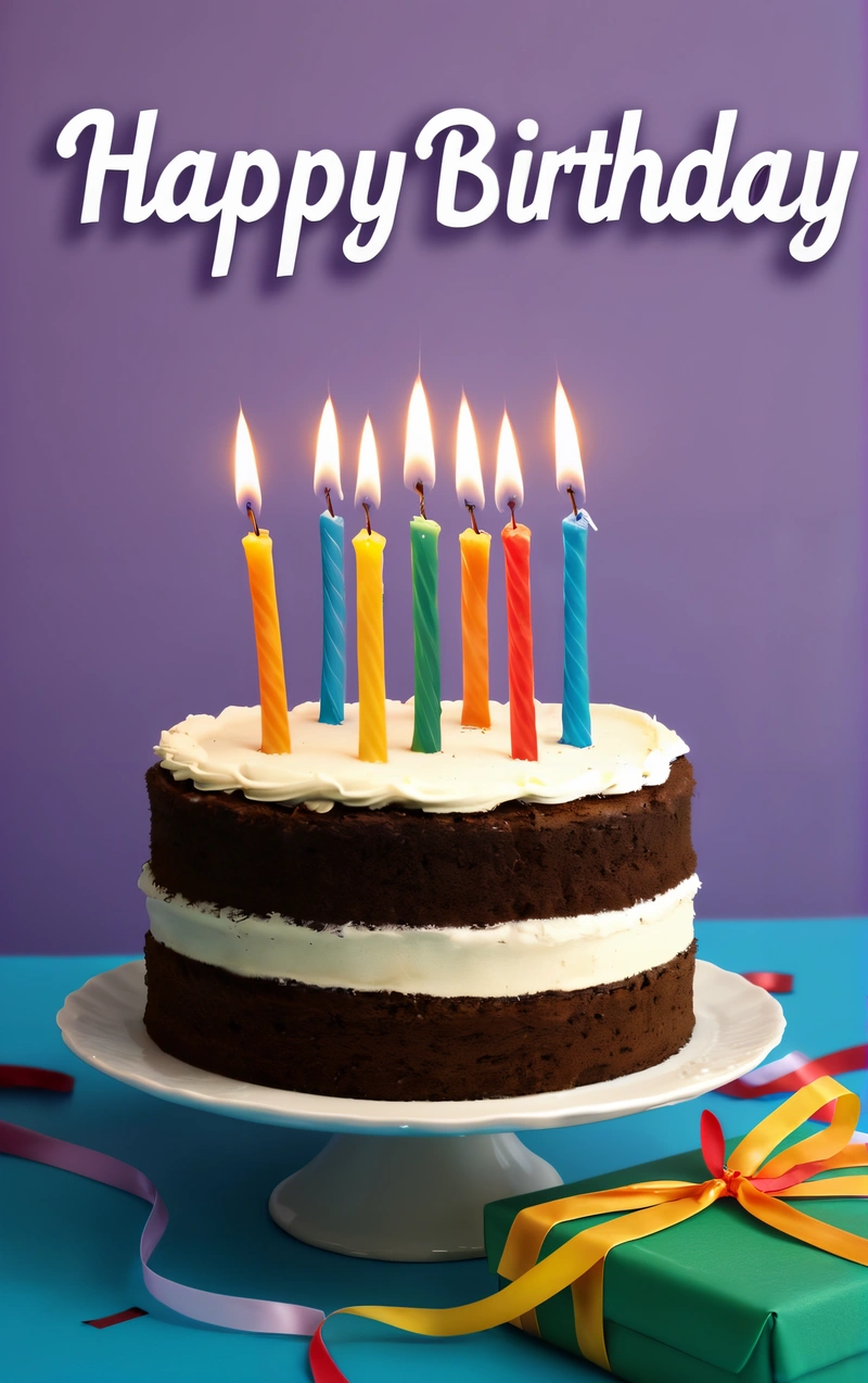 A Birthday cake with lit candles on a table with a gift box and streamers around it and a purple background with a purple background, promotional image, a pastel, international typographic style