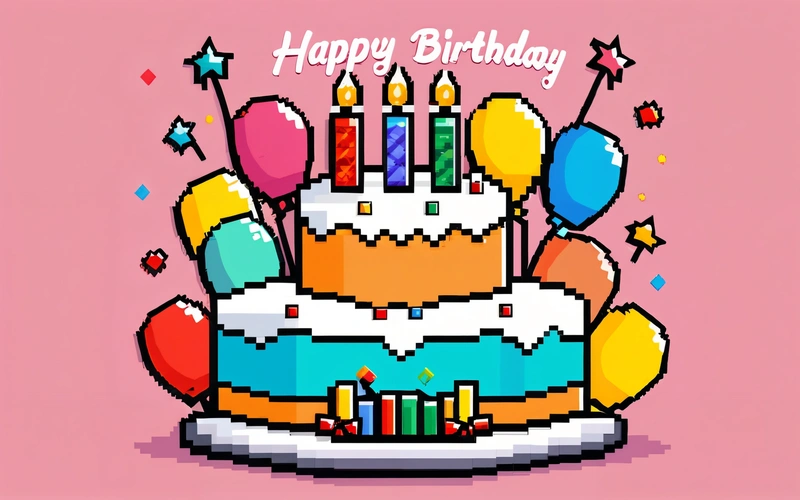 A pixel art Birthday cake with candles and balloons on it's cake plate with a happy Birthday message on it's side and a pink background, 2 d game art, computer graphics, pixel art