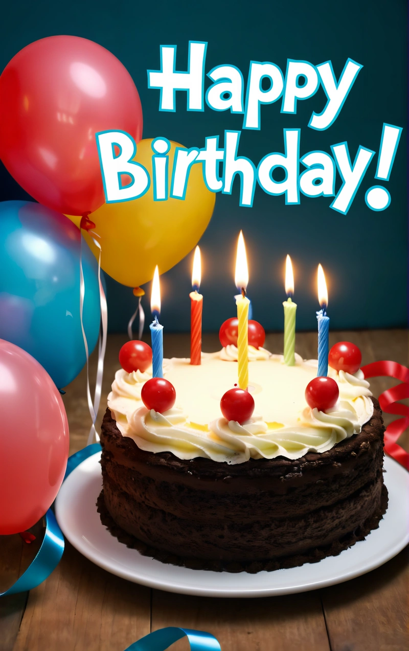 A Birthday cake with candles and balloons on a table with a happy Birthday sign in the background with a blue ribbon and blue ribbon around the cake, plain background, a pastel, american barbizon school