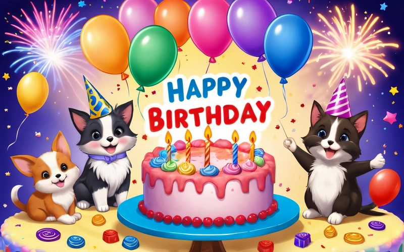 A Birthday card with three dogs and a cake with candles and balloons on a table with a cake topper and a bunch of balloons, happy, a pastel, naive art