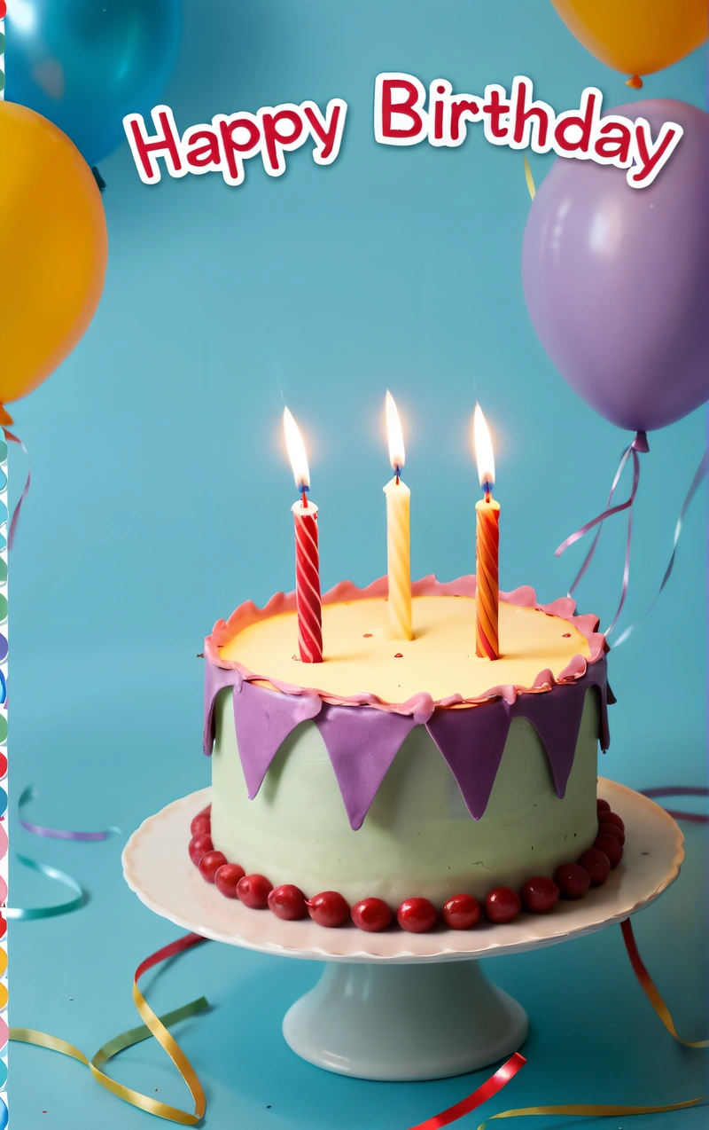 A Birthday cake with candles on it with balloons in the background and a happy Birthday card with a picture of a Birthday cake with candles, 3 d render, a pastel, altermodern