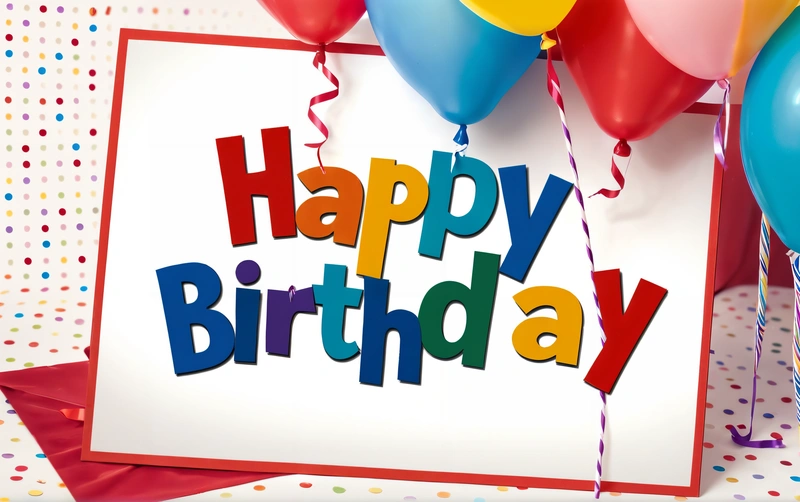 A Birthday card with balloons and a sign that says happy Birthday on it with a red ribbon and a white background with multicolored dots, plain background, a pastel, international typographic style