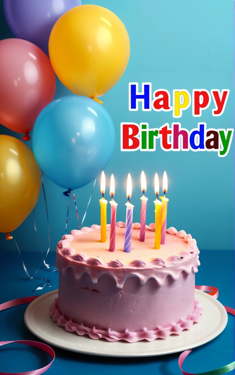 A Birthday cake with candles and balloons on a table with a blue background and a happy Birthday message in the middle of the picture,, plain background, a pastel, american barbizon school