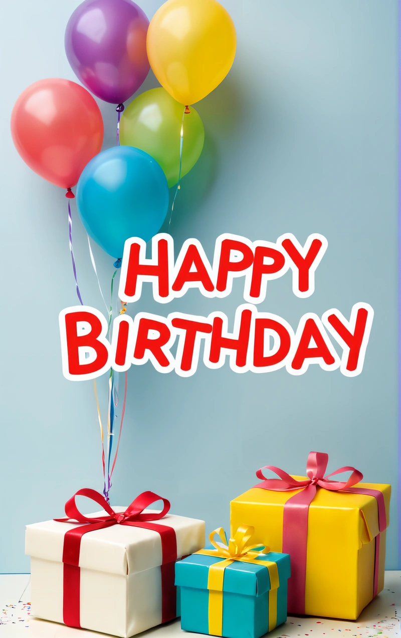 A Birthday card with balloons and presents on a table with a blue background and a blue wall with a happy Birthday message on it and a red ribbon, plain background, a pastel, net art