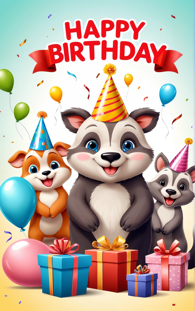 A happy Birthday card with a raccoon and two raccoons and presents on a table with balloons and streamers and a banner, cute and funny, a screenshot, furry art