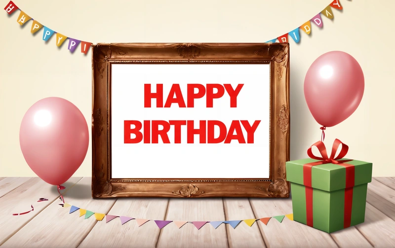 A Birthday card with balloons and a gift box in front of it with a happy Birthday sign in the middle of the frame and a gift box with a ribbon, plain background, a digital rendering, international typographic style