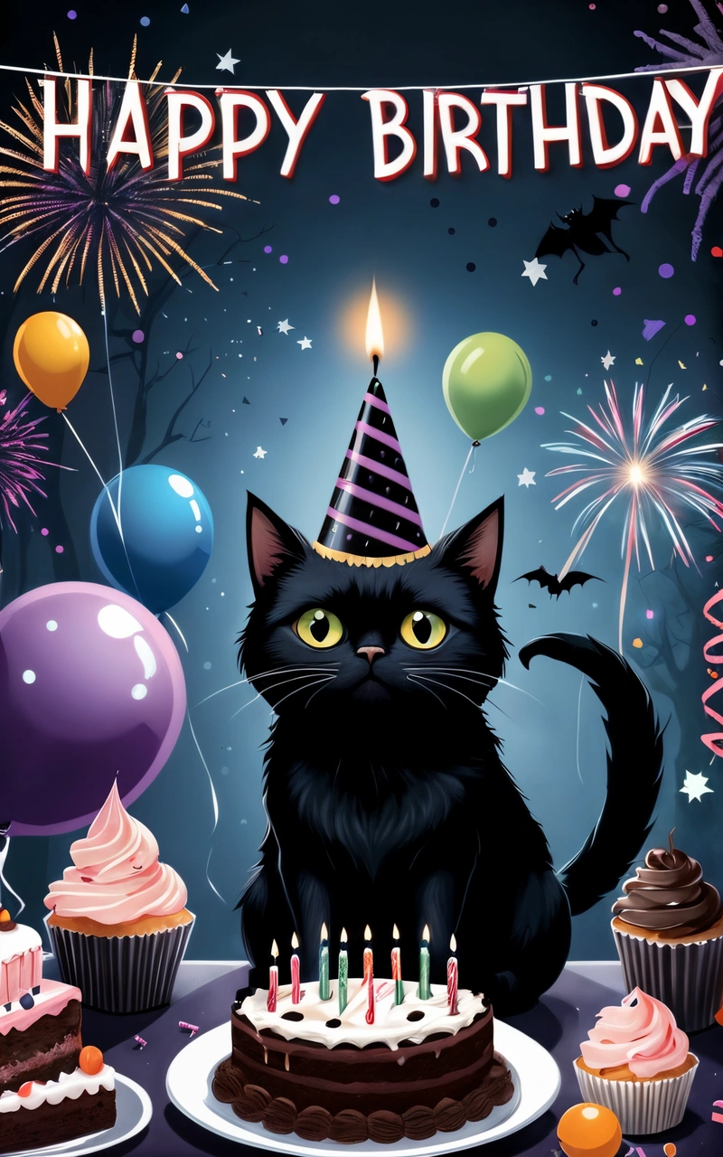 A black cat sitting in front of a Birthday cake with candles and balloons on it, with a happy Birthday sign above it, and a banner with a cat and balloons, dark background, a pastel, gothic art