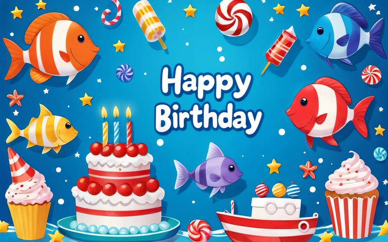 A Birthday card with a cake, cupcakes, candy, and fish on a blue background with stars and stripes and a candy, lostfish, a pastel, naive art