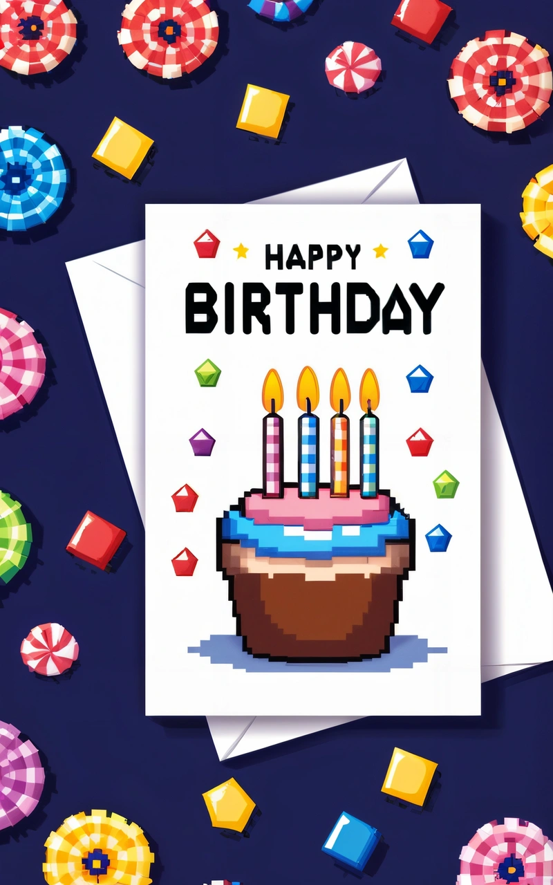 A Birthday card with a cake and candles on it with colorful candies around it and a card that says happy Birthday on it with a, 2 d game art, pixel art, pixel art