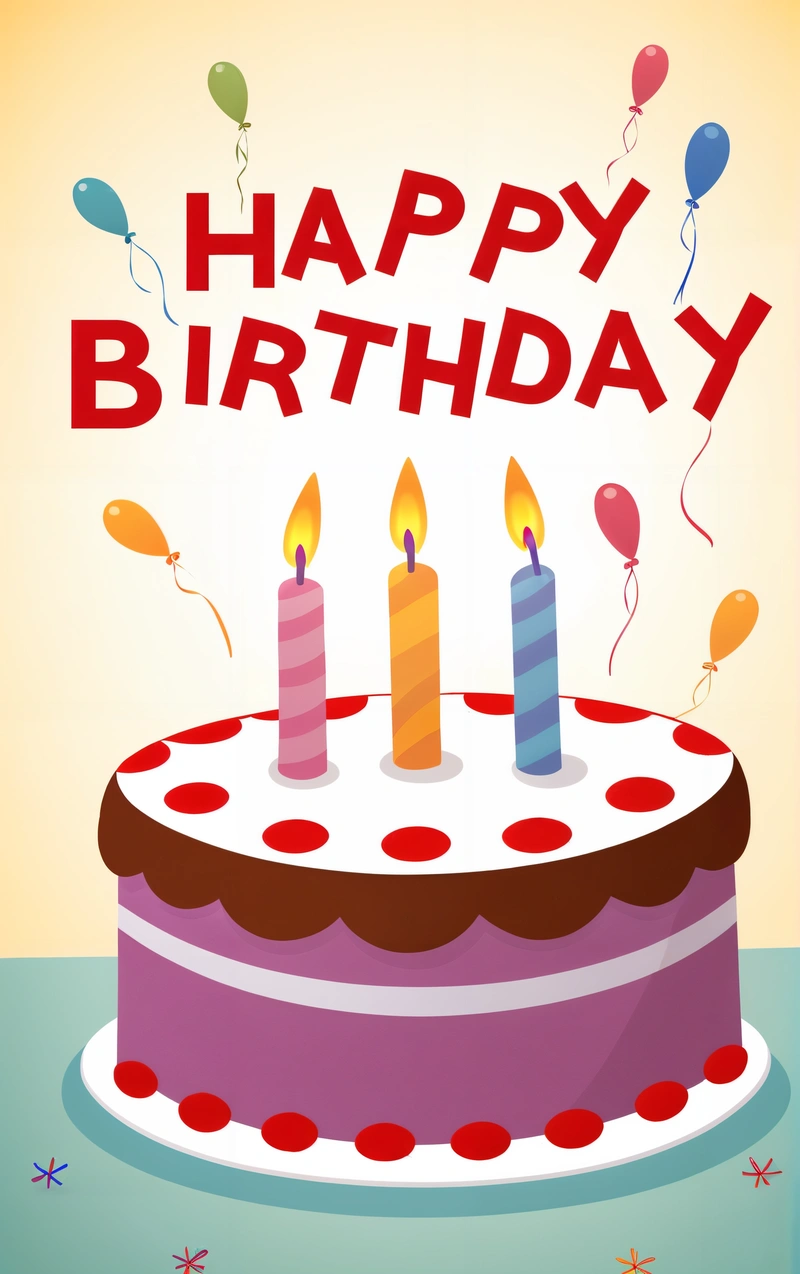 A Birthday cake with candles and balloons on it with the words happy Birthday written on it and a star on the side of the cake, plain background, a pastel, international typographic style