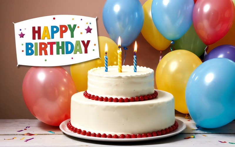 A Birthday cake with candles on it with balloons around it and a happy Birthday sign on top of it with a happy Birthday sign on top, plain background, a pastel, international typographic style