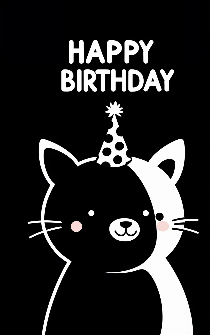 A black and white cat with a Birthday hat on its head and a black background with a white cat with a Birthday hat on its head, black background, a pastel, net art