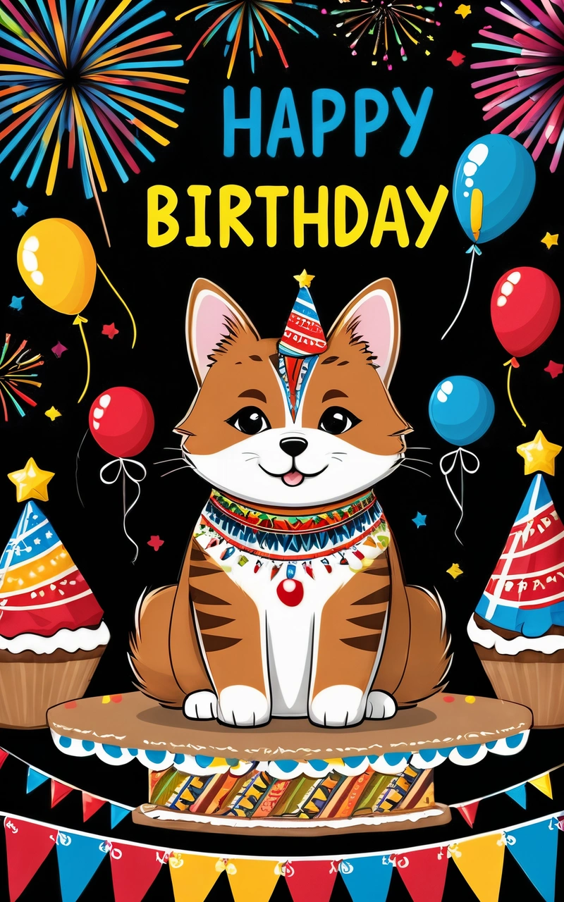 A cat wearing a Birthday hat and scarf sitting on a cake with balloons and streamers around it, with a happy Birthday message in the middle, plain background, a poster, furry art