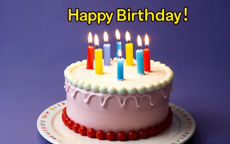 A Birthday cake with lit candles on a plate on a purple background with a happy Birthday message in the middle of the cake is a red, white, pink,, candles, a pastel, international typographic style