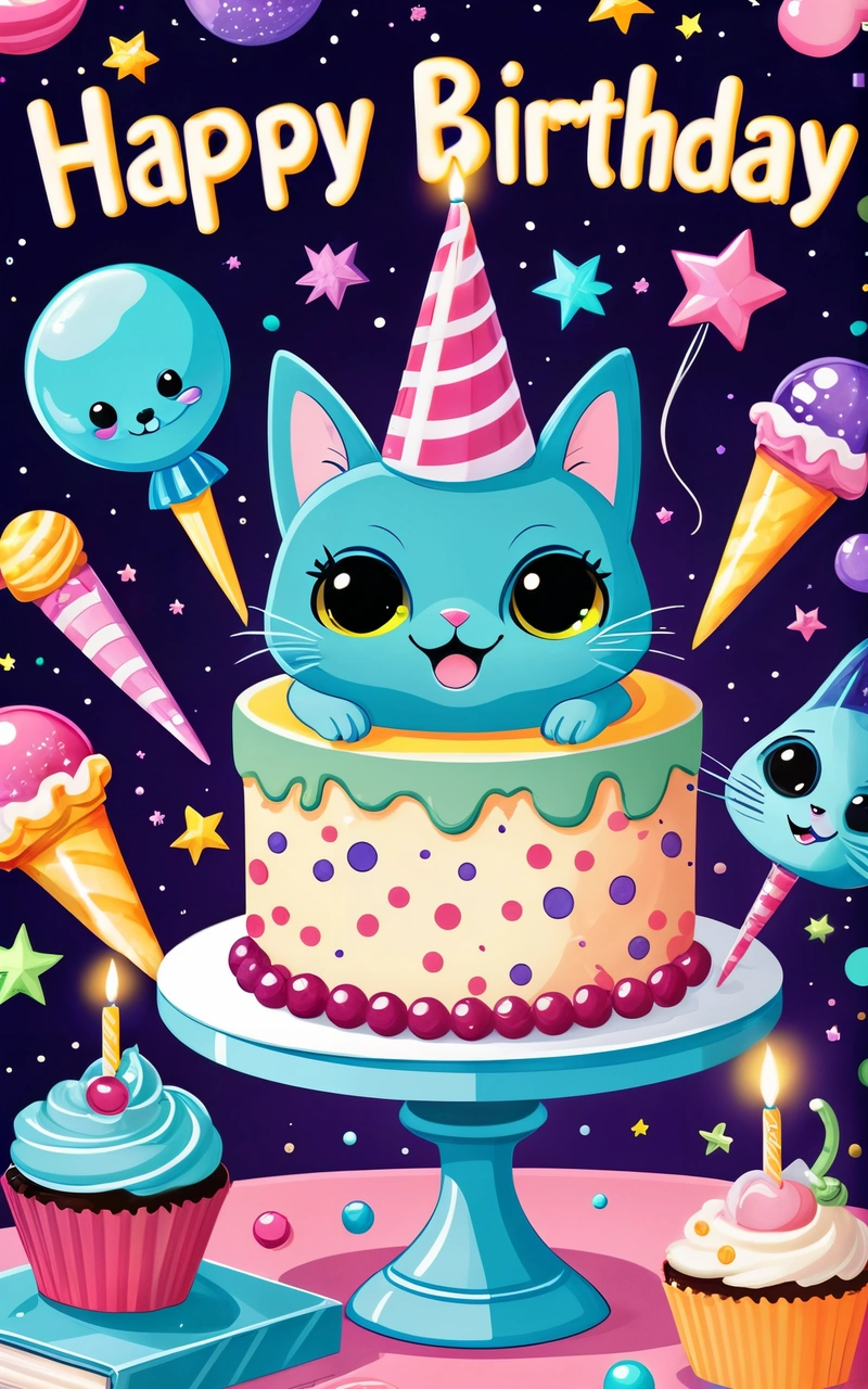 A Birthday card with a cat and cupcakes on it and a happy Birthday message in the middle of the card is a Birthday cake, cute and funny, a pastel, pop surrealism