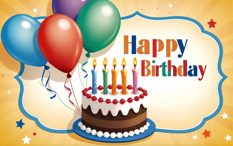 A Birthday cake with balloons and a happy Birthday sign on it's side with a starburst border around it and a frame, plain background, a pastel, international typographic style