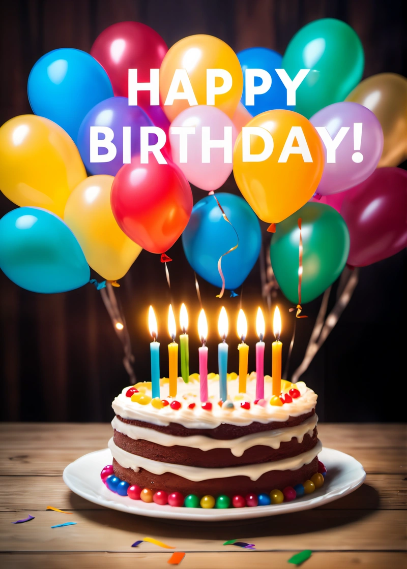 A Birthday cake with candles and balloons on a table with a happy Birthday message on it's topper that reads happy Birthday,, plain background, a pastel, international typographic style